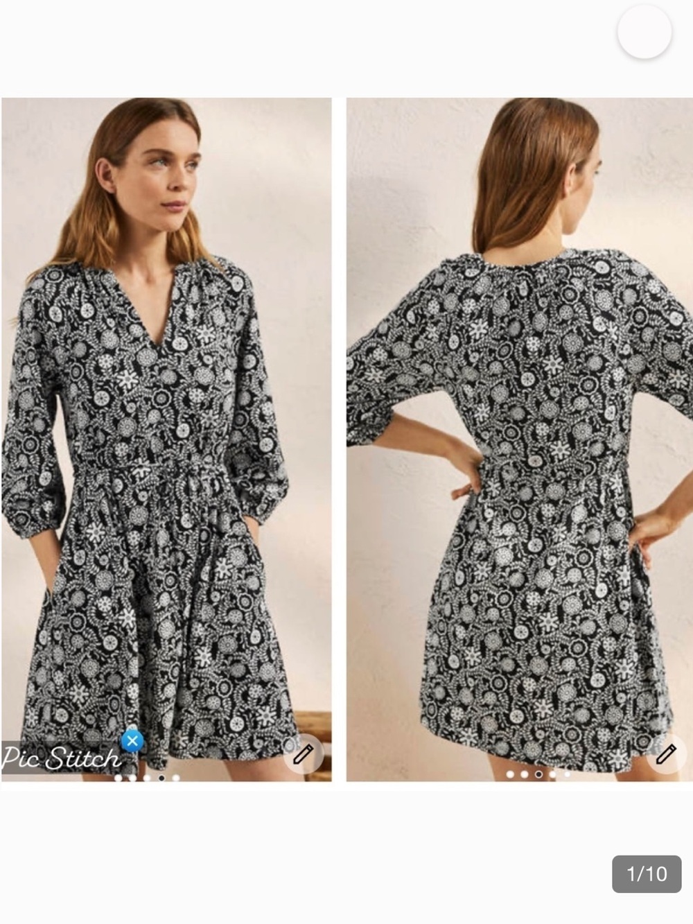 Boden Black White Floral Cotton Notch Neck Tie Waist Mini Dress Size 6R - Picture 2 of 10